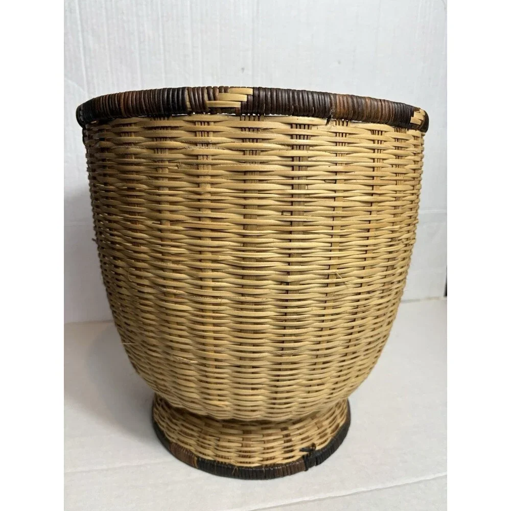 Vintage Pedestal Wicker Basket Planter Waste Basket Boho Rattan 11” Round